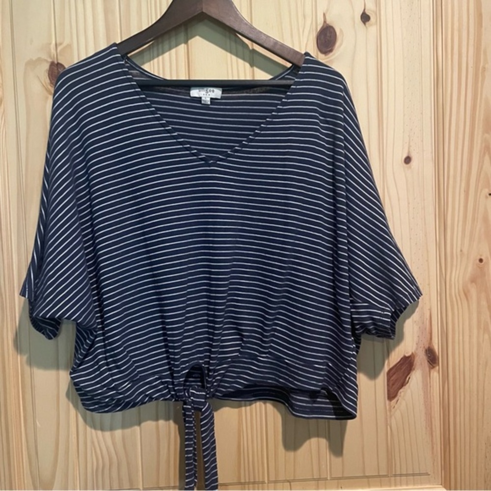 Umgee Navy & White Striped Tie-Front V-Neck Top